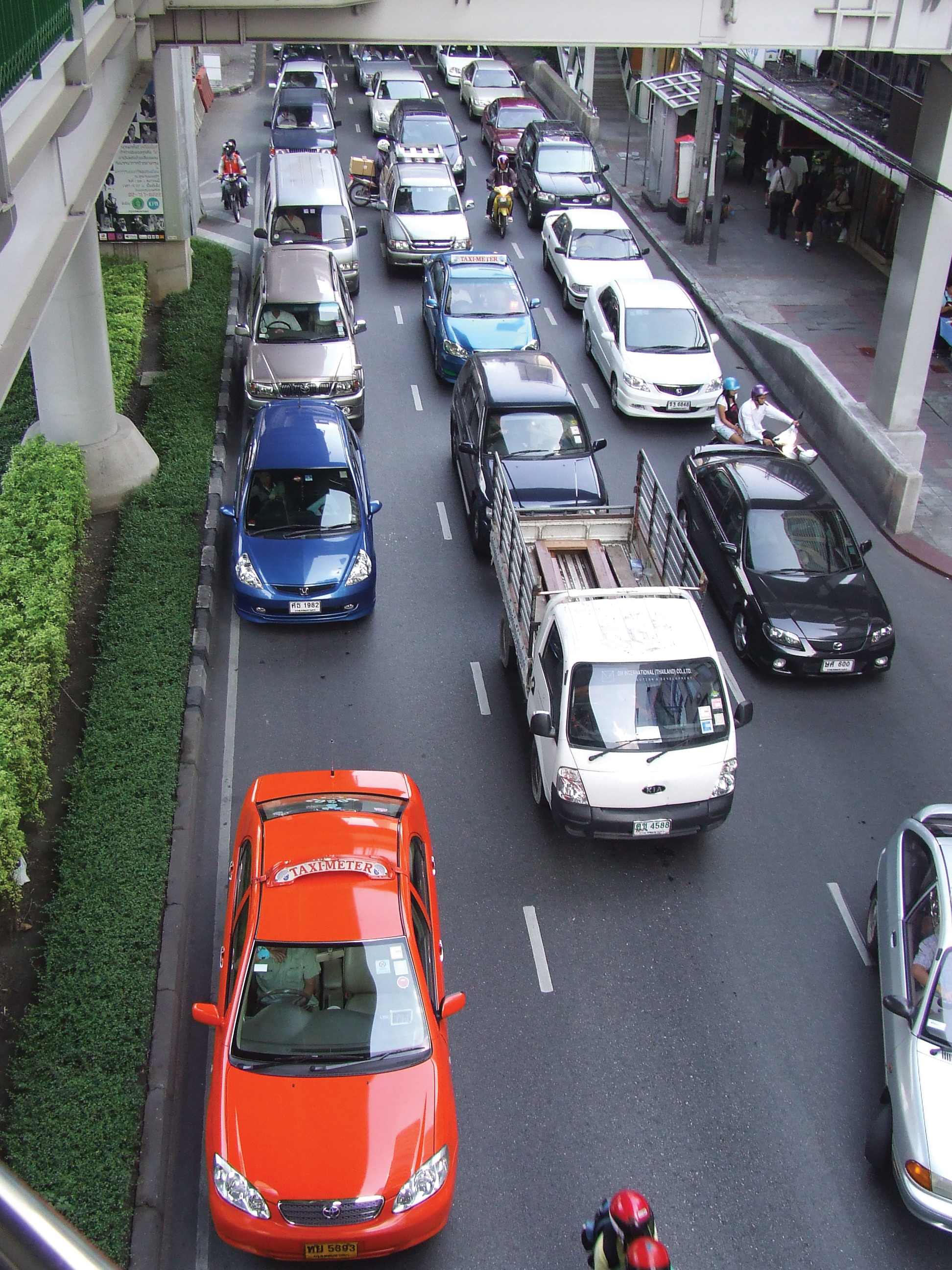 Bangkok features extremely crowded urban roads