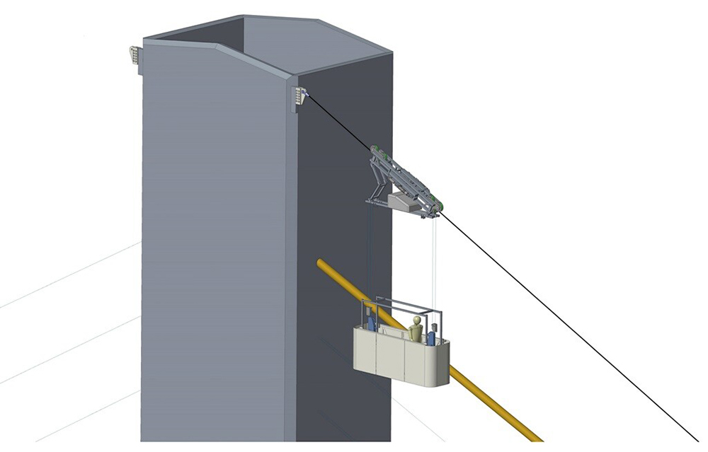 The cradle will be electrically hoisted up and down the main track rope and it will also move up and down to enable personnel to inspect the stay cable wires (image courtesy Spencer Group)