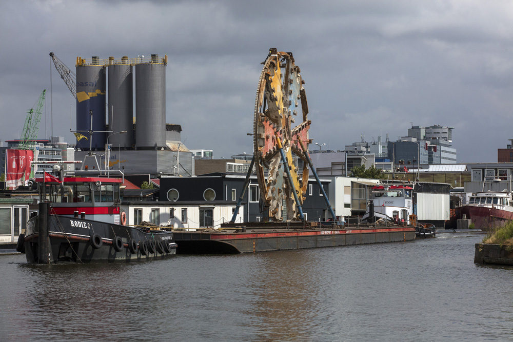 The massive cutting shield for the TBM had to moved by barge