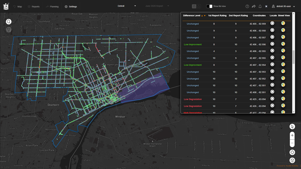 A map can be automatically generated to show changes to pavement conditions