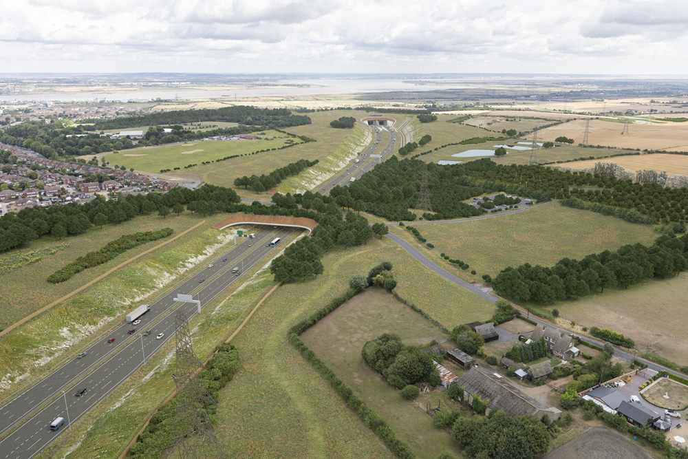 The proposed Thong Lane green bridge linking the towns of Gravesend and Thong and the approach to the southern tunnel entrance, looking north (artist image courtesy Highways England)