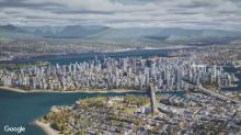 A 3D aerial view of Vancouver city, displaying detailed buildings and landscape, enabled by Cesium technology, integrated with iTwin from Bentley Systems