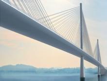 An artist's impression of (selected design) the cable-stayed new Forth road bridge showing two of the three mono towers.