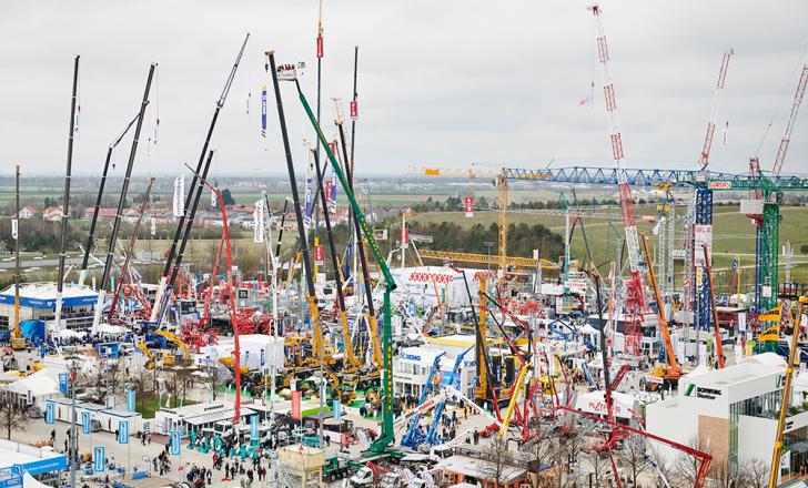 Once again, visitors to bauma in Munich, can look forward to the famous “crane forest” with more than 30 cranes towering above the crowds (image courtesy Messe München)