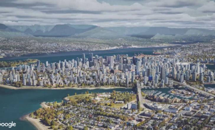 A 3D aerial view of Vancouver city, displaying detailed buildings and landscape, enabled by Cesium technology, integrated with iTwin from Bentley Systems