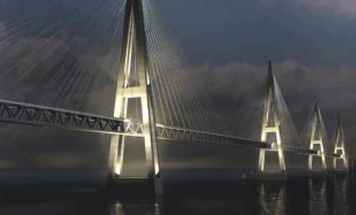 rendering of what a cable stayed bridge across the Fehmarn Belt could look like