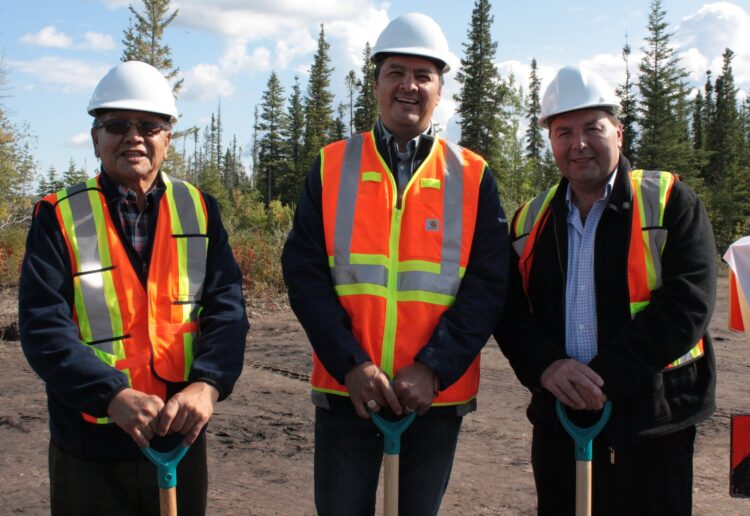 Opening ceremony for the Tlicho all-season gravel road, August 2019: Whati chief Alfonz Nitsiza, member of the Northwest Territories Assembly Jackson Lafferty and Northwest Territories minister for industry Wally Schumann