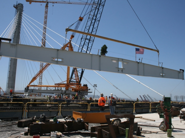 Final beam for California’s first cable-stayed bridge for vehicles (photo courtesy Gerald Desmond Bridge Replacement Project)