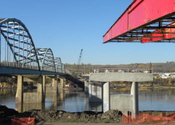 Nose assembly for deck launch points out towards the piers, with old bridge to the left