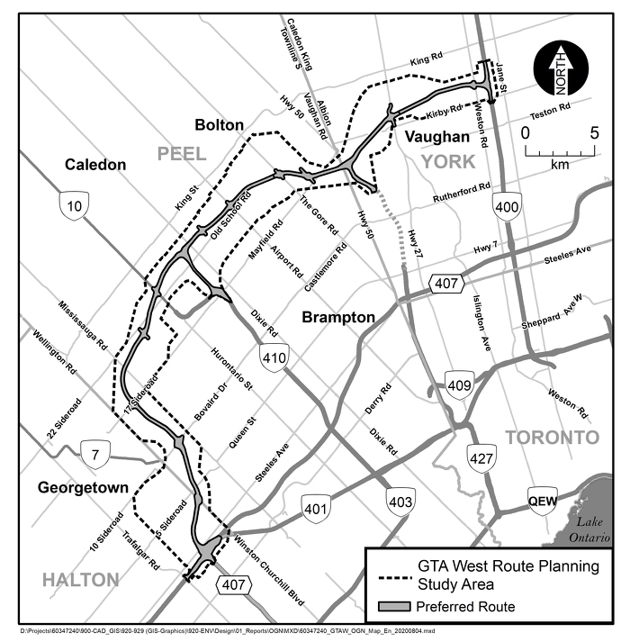 Easier travel across York, Peel and Halton Regions, according to a government map highlighting the GTA West Route Planning Study Area (image courtesy Ontario Ministry of Transportation)