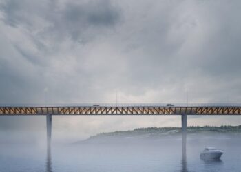 The Norwegian contract award includes the next phase of what will be the world’s longest bridge using structural timber (artist impression courtesy BESIX/BERINOR)