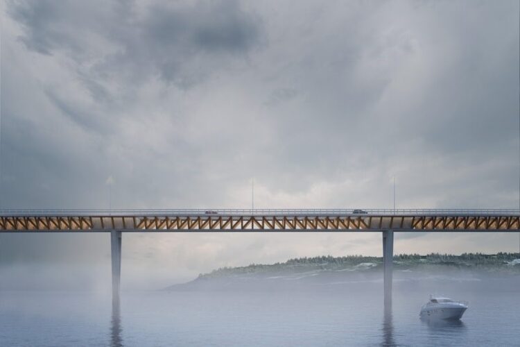 The Norwegian contract award includes the next phase of what will be the world’s longest bridge using structural timber (artist impression courtesy BESIX/BERINOR)