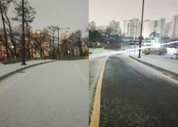 Anti-icing asphalt pavement ( right) compared with the same without anti-icing ( left)