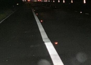 The white line towards the top of the picture shows a standard road marking, while in the foreground is one of the alternatives being tested