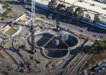 The shape for the shafts at Parramatta Road Ventilation Facility includes three intersecting circular shafts each around 30m in diameter (image courtesy WestConnex | Transurban / Arcadis)