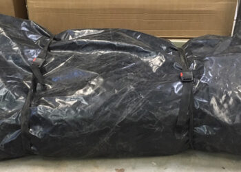 When inflated, the prototype toughened PVC airbag is 2.5m high, but when deflated it fits into a hold-all for easy transportation (image courtesy Kier Highways/Highways England)
