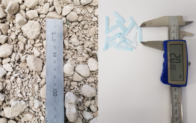 The new material, left, blends recycled concrete aggregate with small strips of shredded disposable face masks, as seen on the right (image courtesy RMIT)