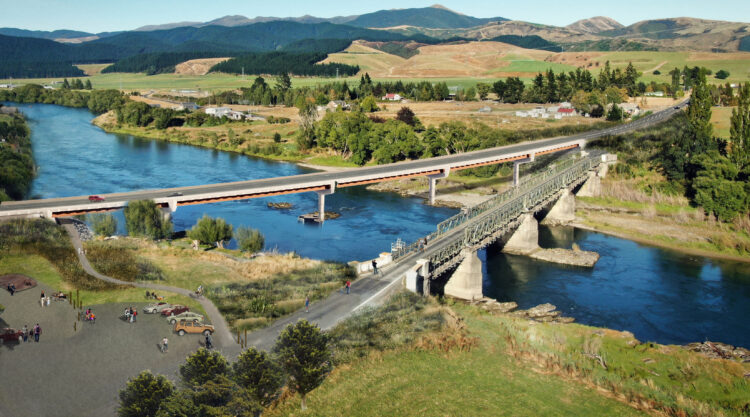 Artist’s impression of the old and new Beaumont bridges over the Clutha River (image courtesy NZTA)