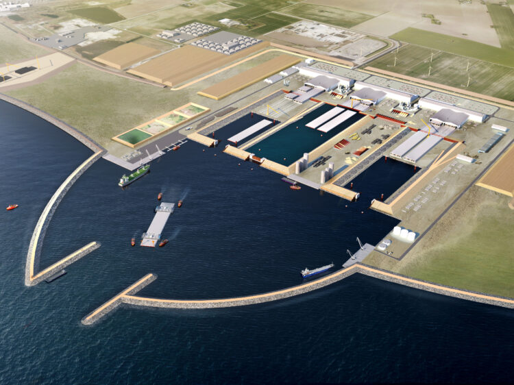 Illustration of the work harbour in Rødbyhavn, a small town and harbour on the south coast of Denmark’s Lolland island, where SBM equipment is being set up (image courtesy Femern A/S)
