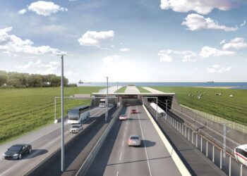 Portal area on Puttgarden: the tunnel will consist of 79 standard 217m-long elements around 10m high with two highway tubes, one emergency tube and two rail tubes (image courtesy Femern)