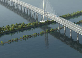 The new Samuel De Champlain Bridge has six vehicle lanes plus two lanes in the middle of for electric commuter trains (image courtesy SSL)