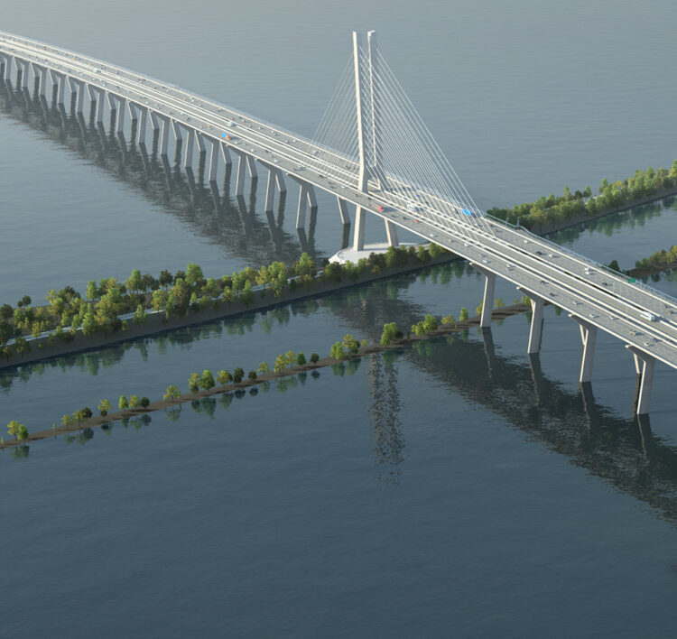 The new Samuel De Champlain Bridge has six vehicle lanes plus two lanes in the middle of for electric commuter trains (image courtesy SSL)