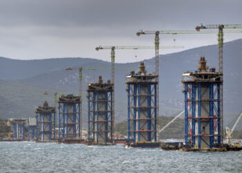 The 2.4km-long bridge stands 55m above sea level with pylons up to 124m high (image © Damir Senčar/Dreamstime)