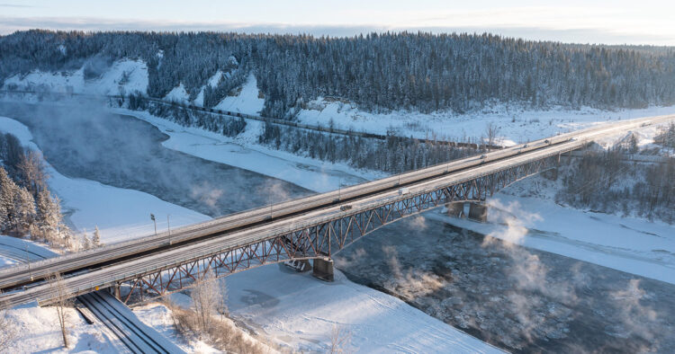 The original 1963 bridge was twinned in 2009 with the addition of an adjacent northbound two-lane bridge (image courtesy Government of British Columbia)