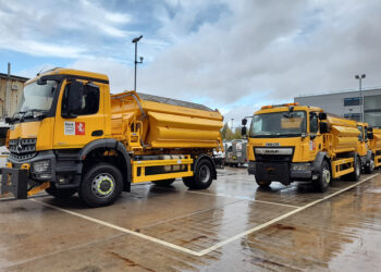 Gritters line up as part of Kent county's work to spread around 12,500 tonnes of grit (image courtesy Amey)