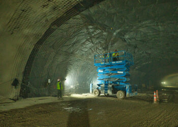 Access equipment is being used to assist with the meshing work prior to shotcreting the bored stretches