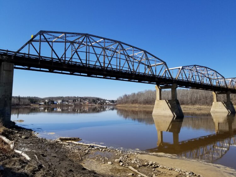 The existing two-lane 277m-long bridge, which carries provincial Highway 813, was built in 1950 and includes a wooden plank deck (image courtesy Robert Balay, mayor of Athabasca)