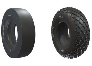 Left: BKT has developed tyres for use with pneumatic asphalt compactors, Right: New tyres for use waith soil compactors have been developed by BKT
