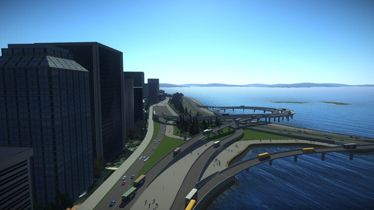 Renderings show how the complex interchange design is built on reclaimed land – image © courtesy of Bentley