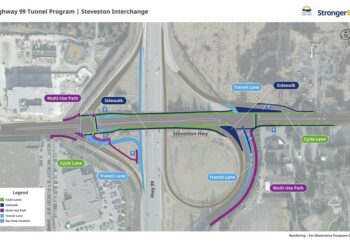 The Steveston interchange near Vancouver will replace a two-lane overpass at Steveston Highway and Highway 99 with a five-lane structure (image courtesy of the government of British Columbia)