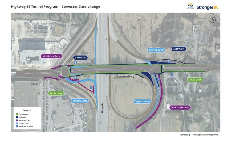 The Steveston interchange near Vancouver will replace a two-lane overpass at Steveston Highway and Highway 99 with a five-lane structure (image courtesy of the government of British Columbia)