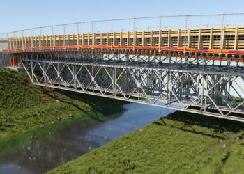 The R800 allows construction of clear spanning and bridging structures by enabling long lattice girders to be assembled quickly and safely (image courtesy RMD Kwikform)