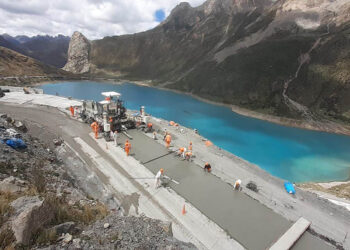 The concrete surface is checked constantly to ensure its quality meets requirements