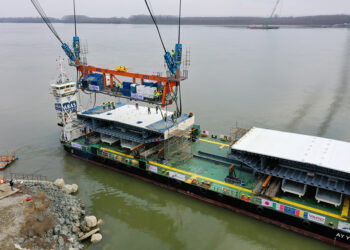 Two segments have been delivered at a time from the shipyard on barges