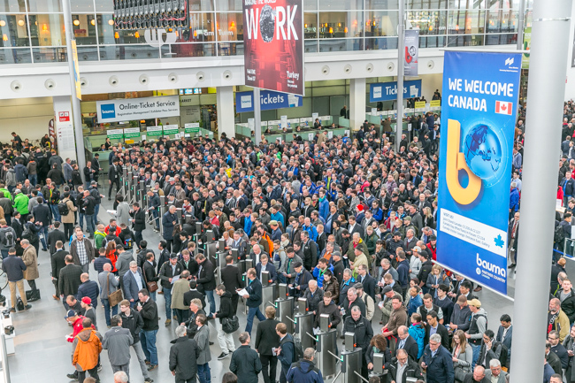 Once again, visitors to bauma in Munich, are being treated to the famous “crane forest” with more than 30 cranes towering above the crowds (image World Highways)