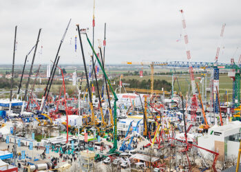 Once again, visitors to bauma in Munich, can look forward to the famous “crane forest” with more than 30 cranes towering above the crowds (image courtesy Messe München)