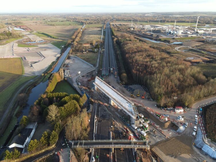 Over the past six months, the 86m-long concrete structure was built on land next to the motorway and then slid across the road in a two-day operation (image courtesy of High Speed Two Ltd)
