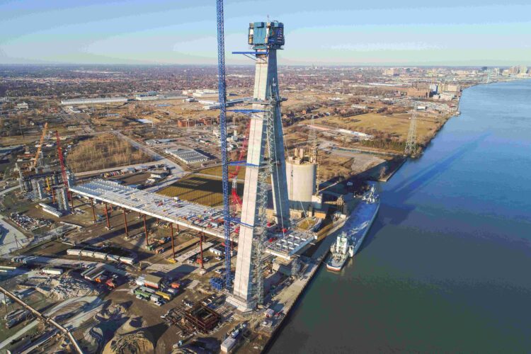 Work recently started on the first two of 216 stay cables to be installed on the US side of the 2.5km-long bridge (image courtesy Windsor-Detroit Bridge Authority)