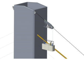 The cradle will be electrically hoisted up and down the main track rope and it will also move up and down to enable personnel to inspect the stay cable wires (image courtesy Spencer Group)
