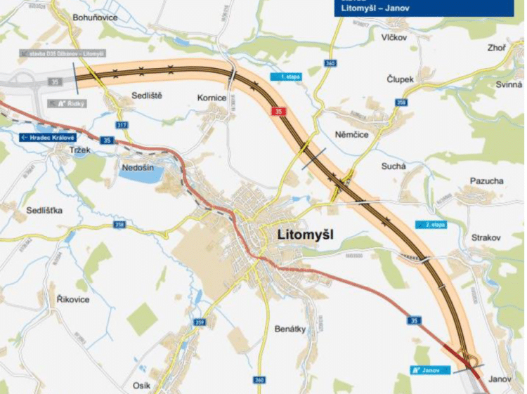The section will essentially be a bypass of the town of Litomys (image courtesy Ministry of Transport, the Road and Motorway Directorate of the Czech Republic)