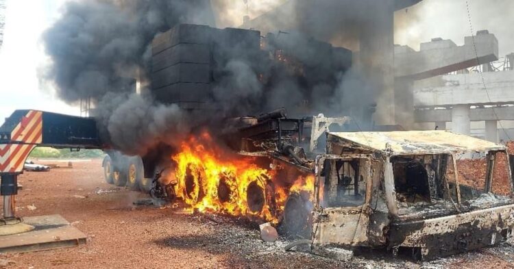 Protestors at the Manohar International Airport site in Goa, India burned out a crane – image courtesy of Gandhi Cranes