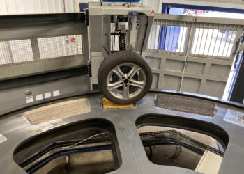 The tester at WJ’s depot in Stoke-on-Trent has four tyres to mimic the loads of standard passenger vehicles as well as heavy goods vehicles, HGVs (image courtesy of WJ)