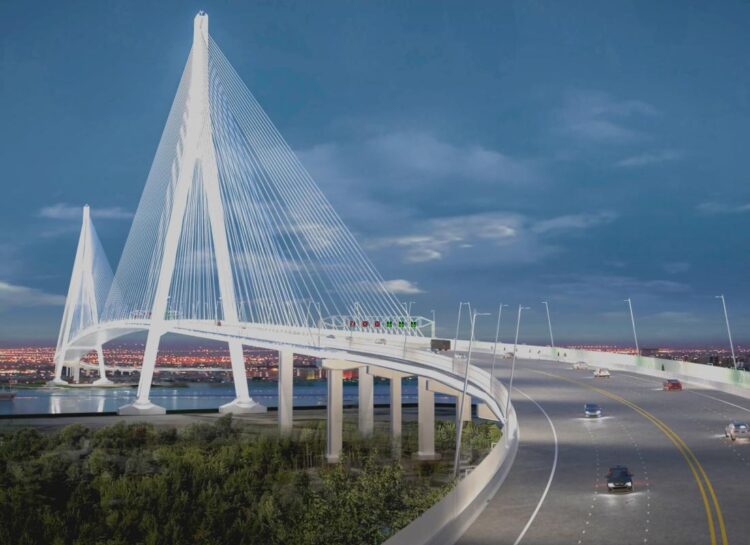 The longest span stretches 853m completely over the Detroit River and clearance above water will be 42m. (image courtesy Windsor-Detroit Bridge Authority)