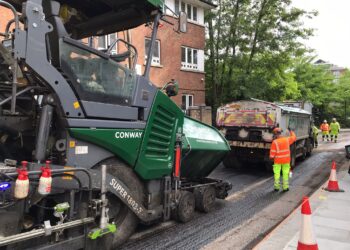 Around 280 tonnes of warm-mix asphalt was laid as a single layer, covering 1,600m² of carriageway (image courtesy FM Conway)