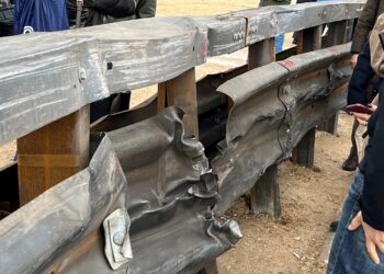 Deformation is part of the safety design aspect of large vehicle restraint systems; in this case after stopping a fully loaded 38-tonne articulated heavy goods vehicle (image David Arminas/World Highways)