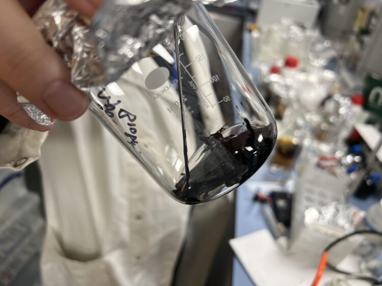 A beaker full of algae biomass